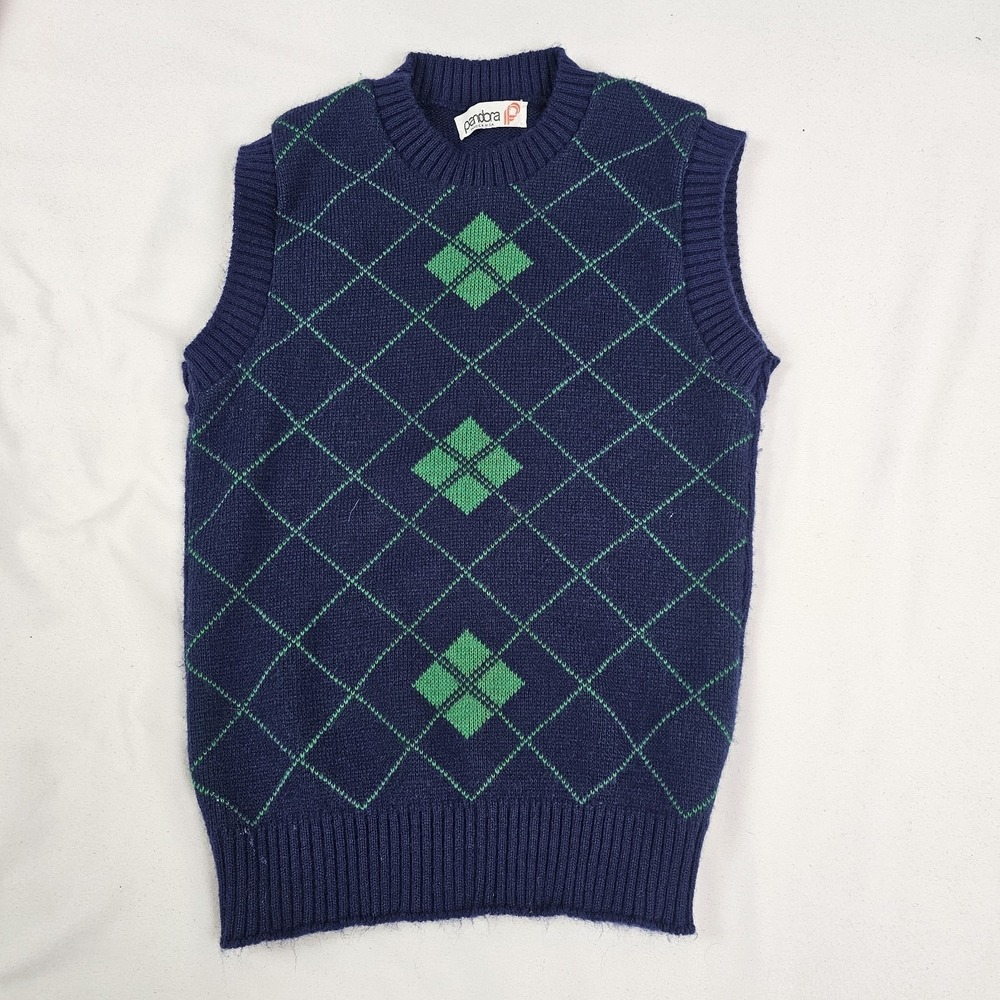 VTG Pandora Sweater Vest Blue & Green Argyle Golf Size S Step Brothers Vest